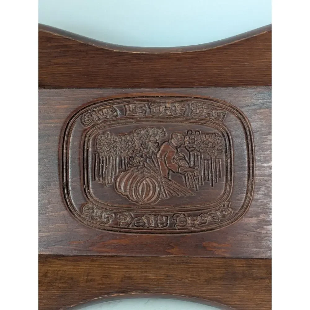 Vtg Wooden Hand carved Bread Tray/Basket Harvest Scene Handles Farmhouse EUC